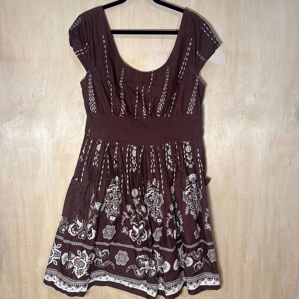 Ashley Stewart Brown Print Midi Summer Plus Fit & Flare Dress Pockets India 1X